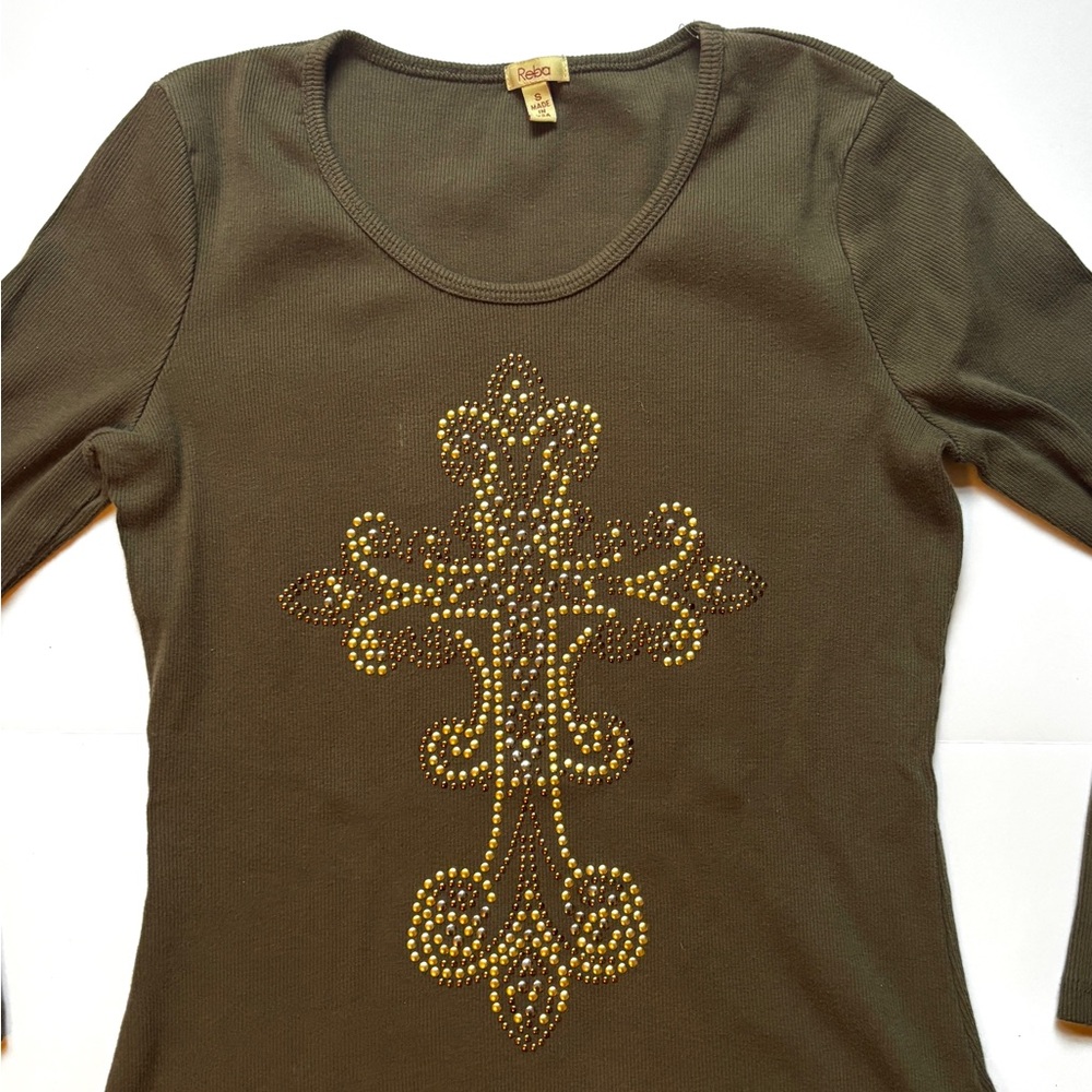 Reba Studded Cross Long Sleeve Top | Olive Green | Women’s Size S